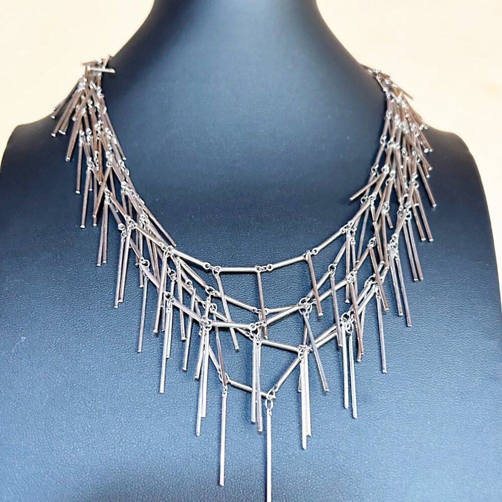 J. Crew Silver Tone Multi Layered Fringe Statement Necklace
